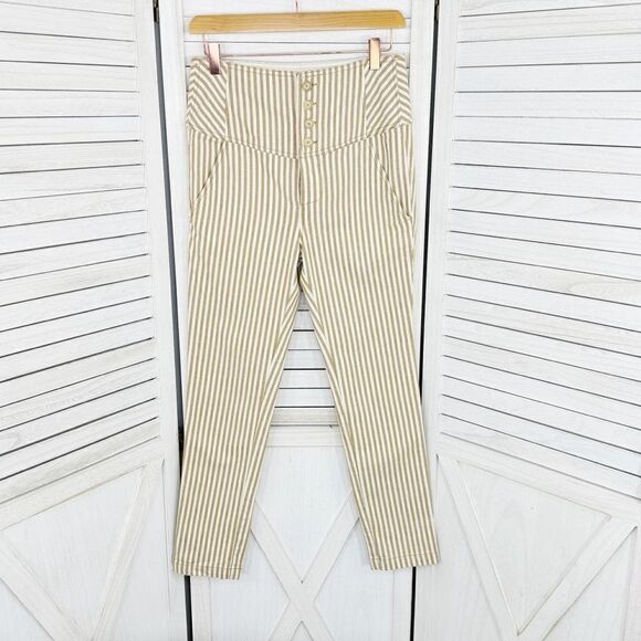Free People Frankie High Waist Skinny Pants Tan White Stripe Button Front 4 - Picture 15 of 15